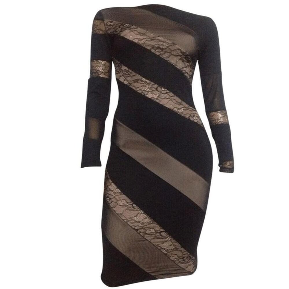 Tan & Black Sheer Lace Dress